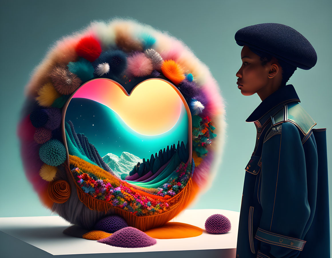 Blue uniformed person near heart-shaped portal revealing fantasy landscape.