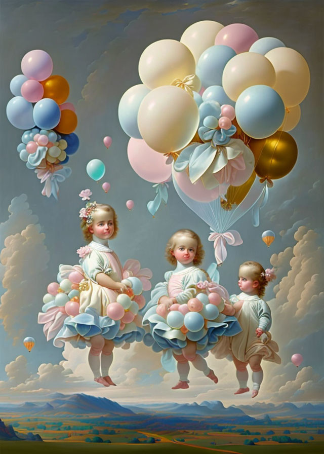 Three children floating with balloons in serene sky above distant landscapes