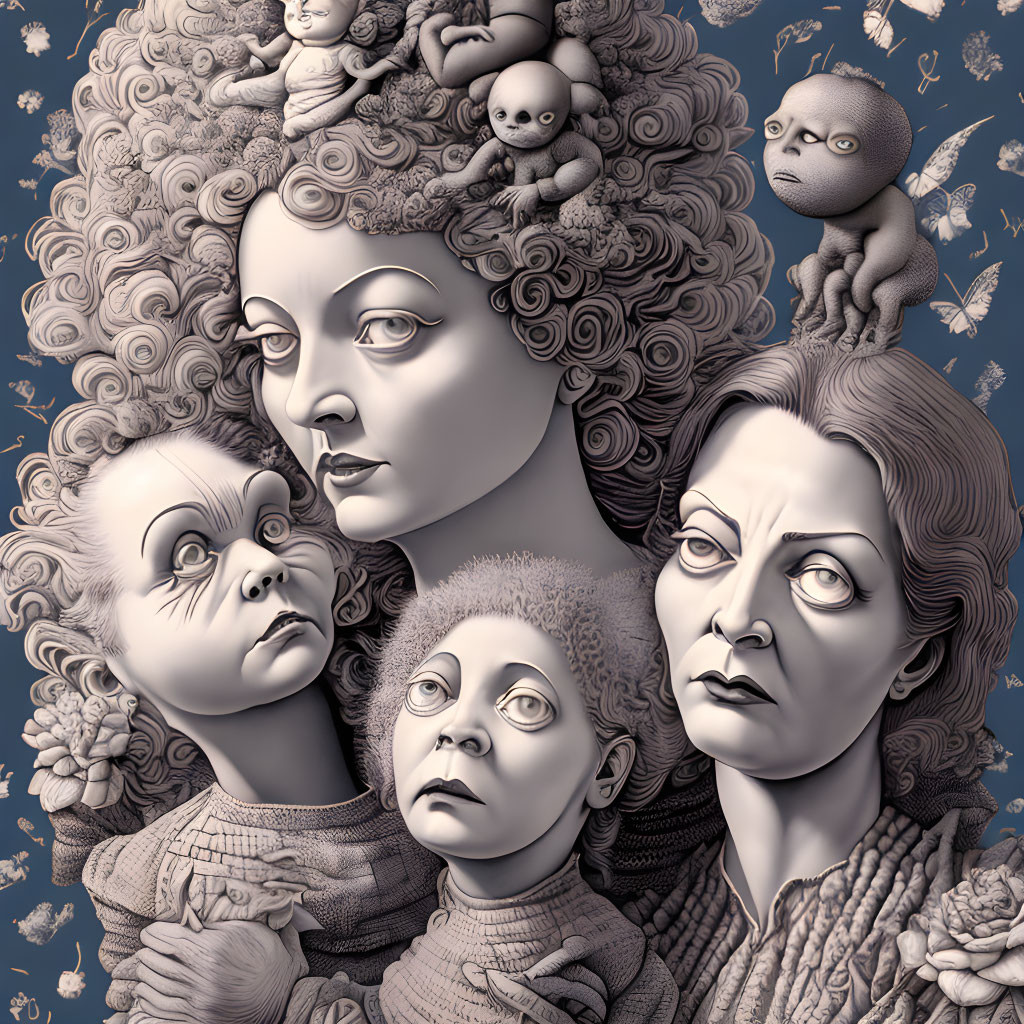 Surreal black and white artwork: Four expressive faces with intricate hairstyles, eerie figures, and butterflies