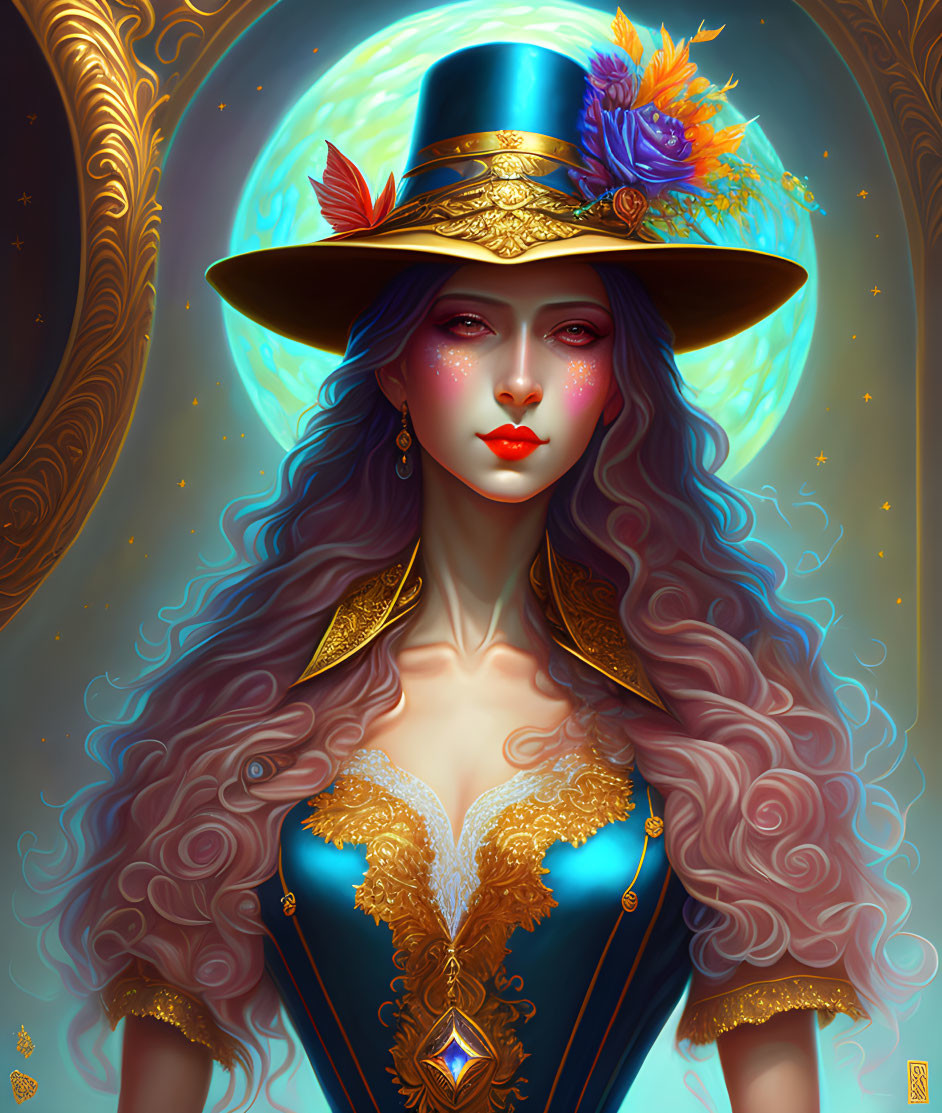 Fantasy character with wavy hair and flower hat in blue and gold attire.