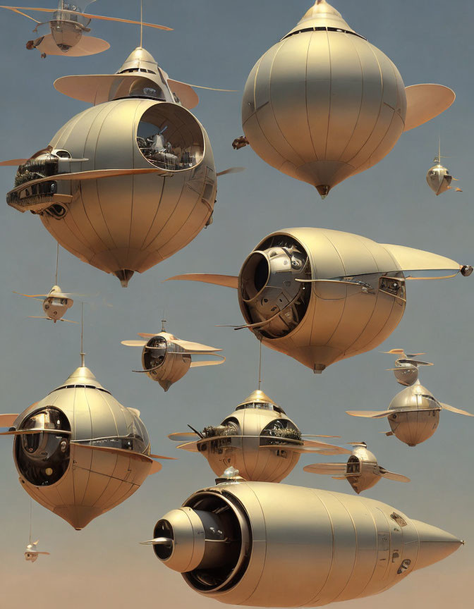 Metallic Finish Futuristic Dirigibles in Sky with Circular Windows and Propellers