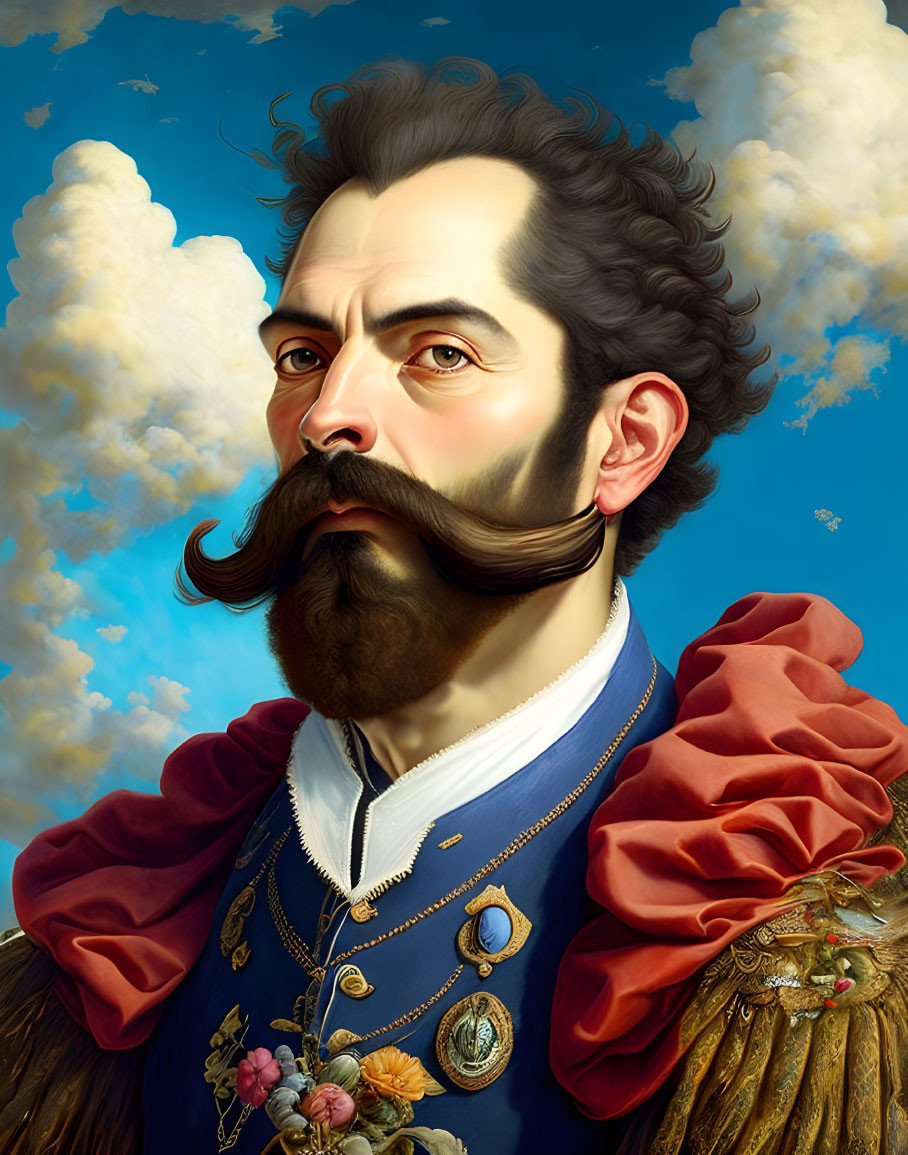 Stylized portrait of a man with elaborate mustache in military-style attire against cloudy sky