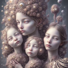 Surreal black and white artwork: Four expressive faces with intricate hairstyles, eerie figures, and butterflies