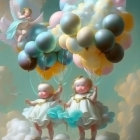 Cherubic figures on stone slab with colorful balloons in sky