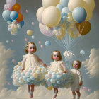 Three children floating with balloons in serene sky above distant landscapes