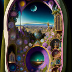 Vibrant surreal digital artwork: fantastical landscape, twisting architecture, moon, celestial patterns