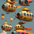 Whimsical colorful airships floating in blue sky