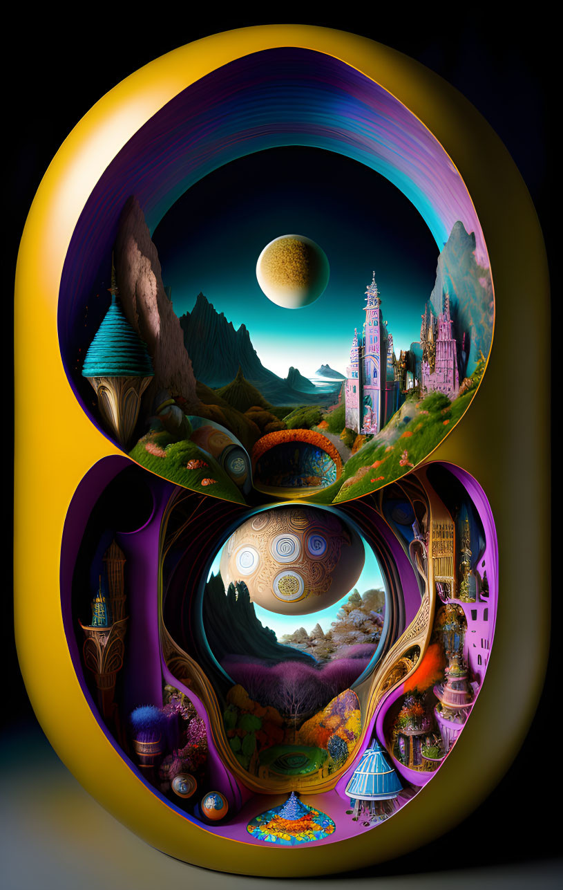 Vibrant surreal digital artwork: fantastical landscape, twisting architecture, moon, celestial patterns