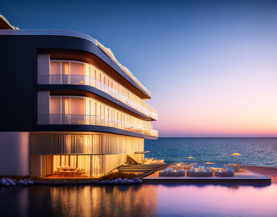 Luxurious Beachfront Hotel with Balconies Overlooking Pool at Twilight