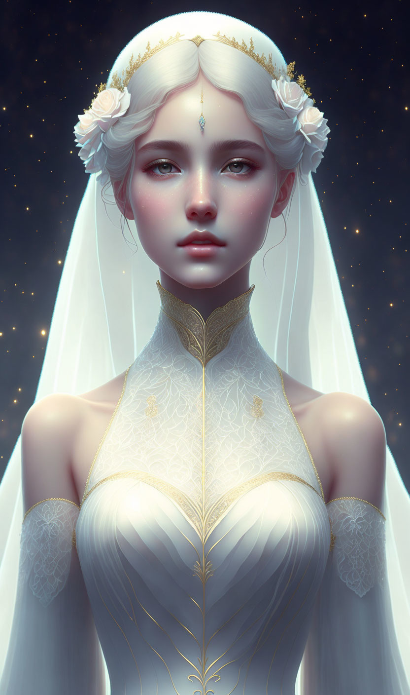 Digital art portrait of a woman in bridal attire with tiara, white gown, gold accents, and