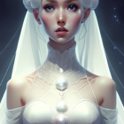 Digital art portrait of a woman in bridal attire with tiara, white gown, gold accents, and