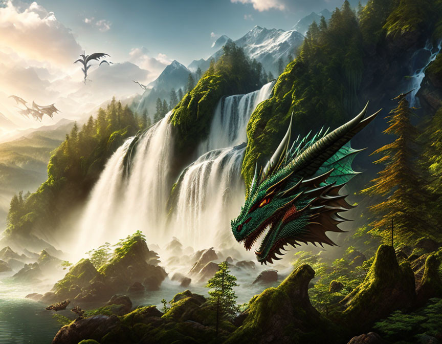 Majestic green dragon in serene landscape with waterfalls