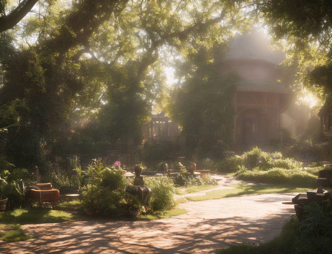 Tranquil garden scene with trees, flowers, stone pathway, and cottage