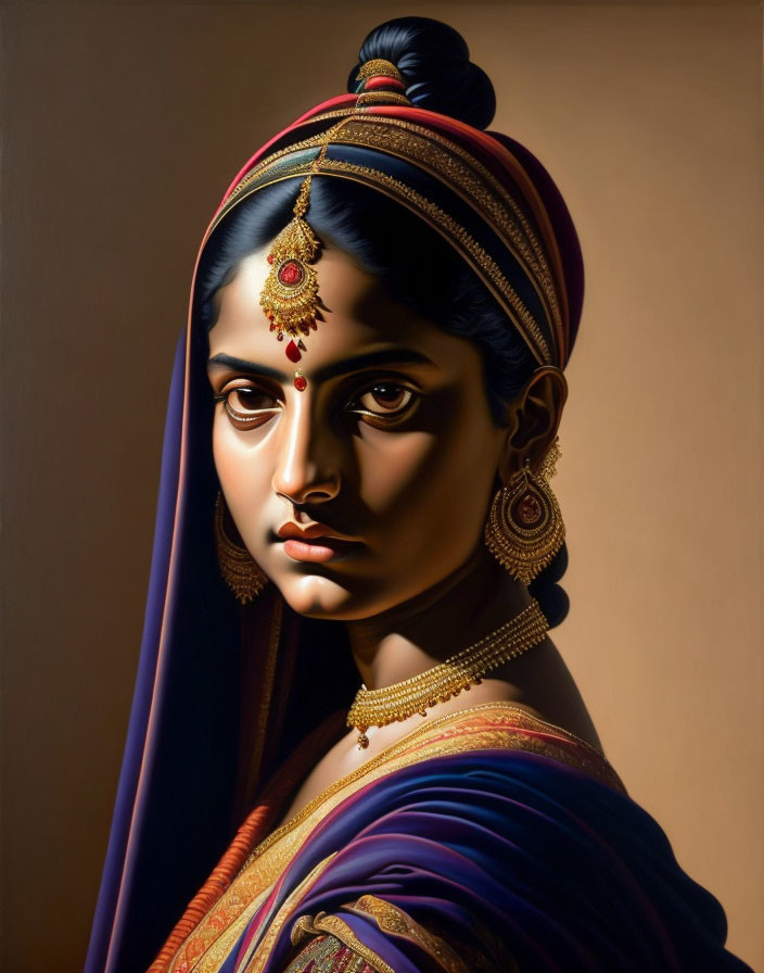 Detailed Traditional Indian Woman Portrait with Bindi and Jewelry