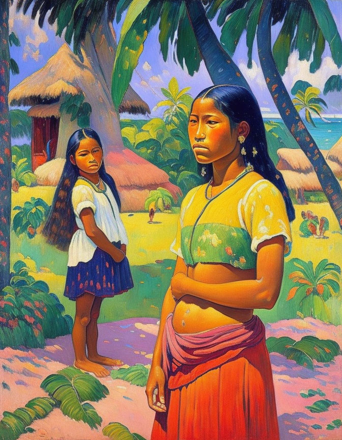 Two women in traditional attire in vibrant tropical setting with huts and palm trees