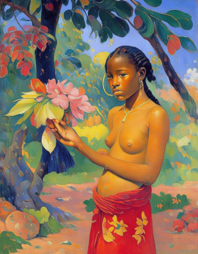 Young girl with braided hair holding flowers under colorful tree