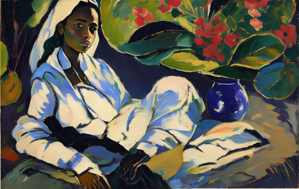 Vibrant painting of seated woman in white attire with headscarf amid dark leaves and red flowers