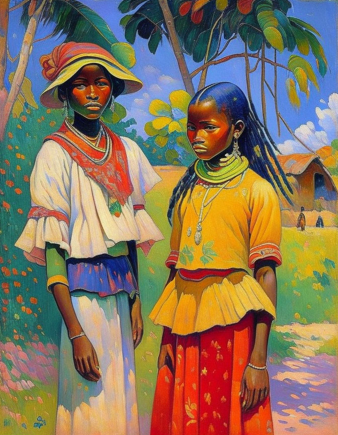 Colorful Traditional Attire on Two Women in Tropical Setting