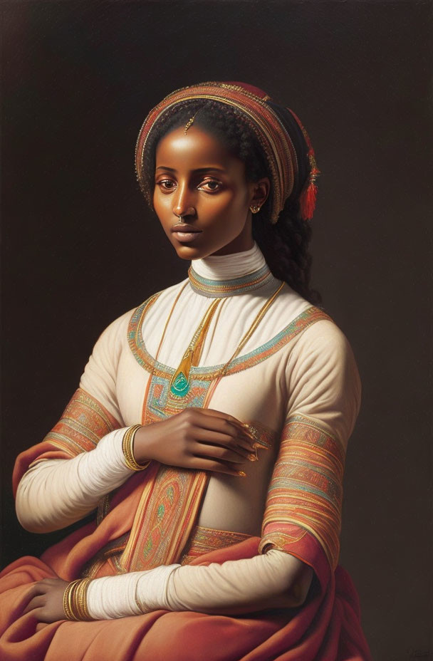 Portrait of woman with dark skin in white dress and gold jewelry