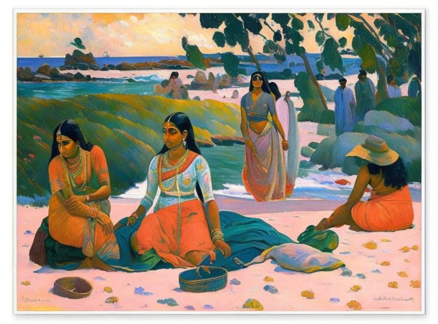 Vibrant painting of women in traditional attire on beach with greenery and blue water