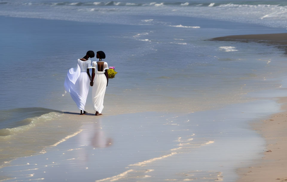 Wedding couple in attire holding hands on sandy beach with bouquet.