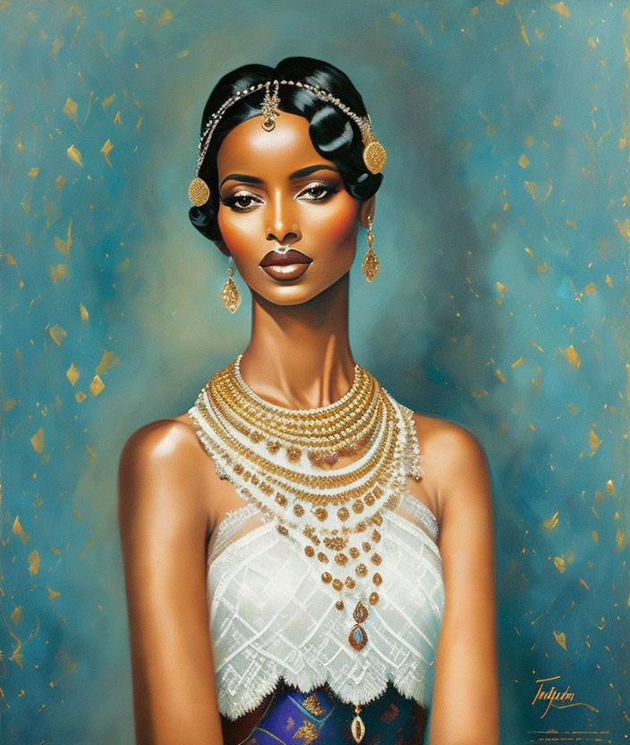 Illustrated portrait of woman with elegant jewelry, headpiece, and sophisticated hairstyle against golden backdrop.