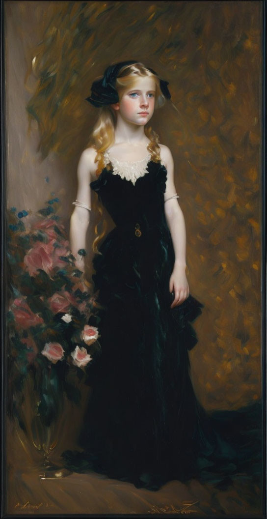 Young girl in black dress with lace collar next to pink and white roses