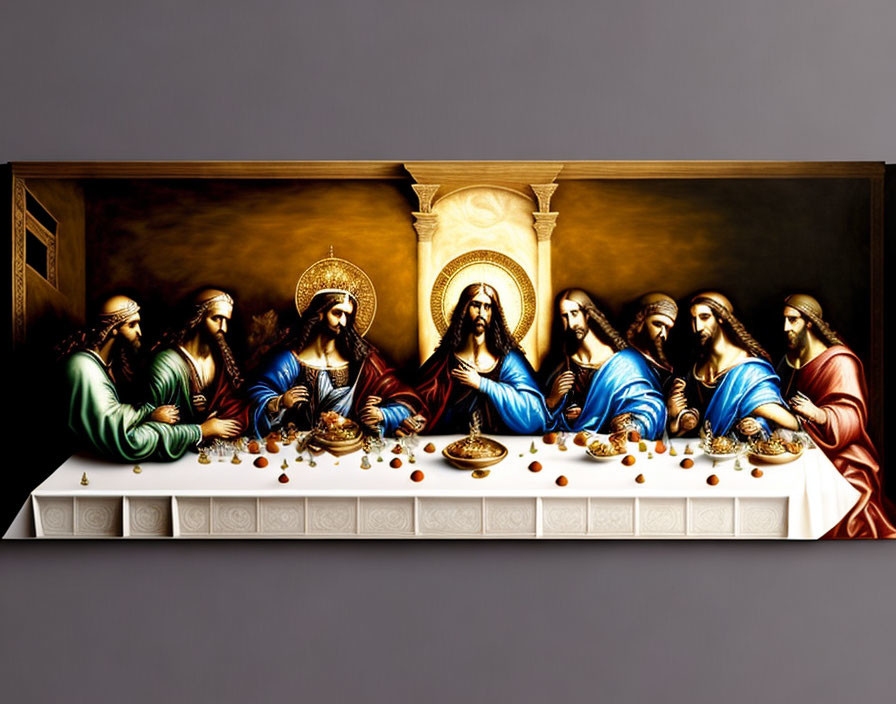 Modern reinterpretation of "The Last Supper" with Jesus and disciples at table with bread and wine