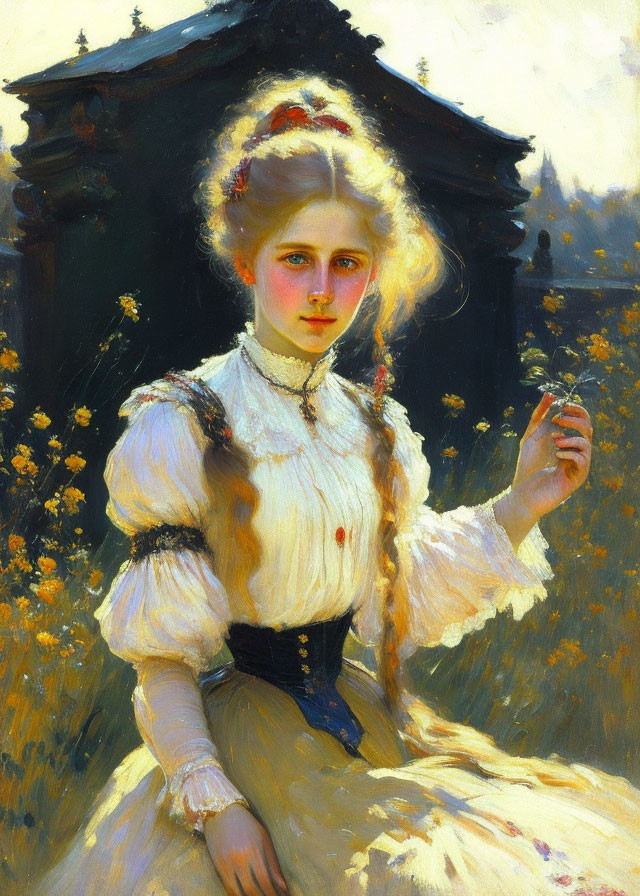 Traditional Attire Young Woman Holding Flower in Sunlight