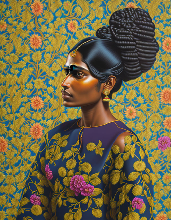 Illustrated woman with large bun hairstyle in traditional attire against vibrant floral backdrop