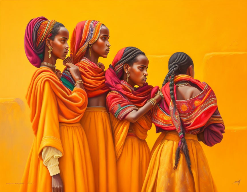 Four Women in Vibrant Traditional Clothing Against Yellow Background