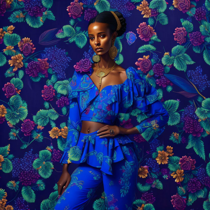 Woman in vibrant blue traditional outfit with floral patterns against matching floral background, styled hair.