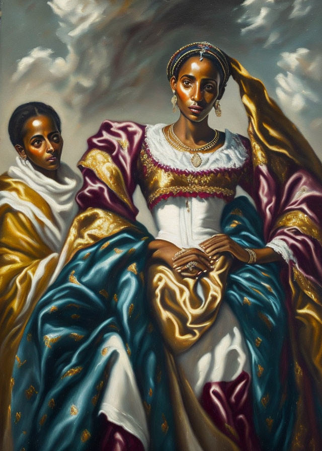 Regal woman and child in purple and gold dress against dramatic clouds