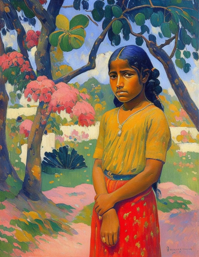 Portrait of a girl in yellow top and red skirt among trees and pink flowers