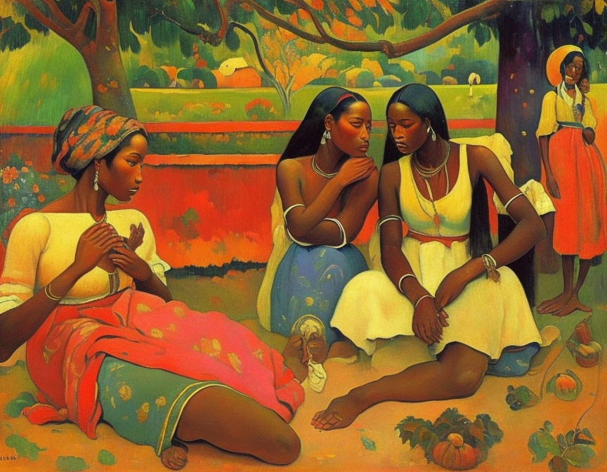 Four Women in Colorful Setting Wearing Traditional Attire