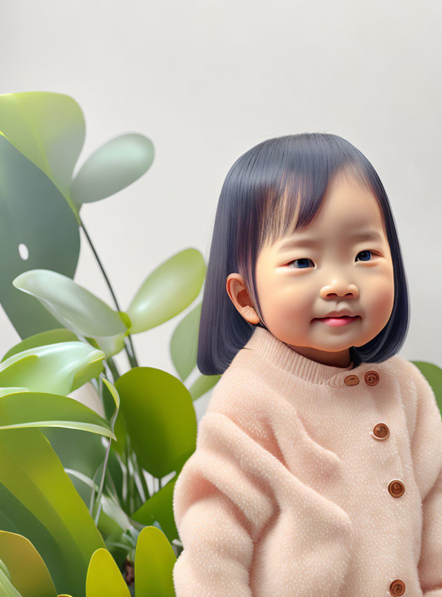 Digital artwork of smiling girl in beige sweater near green plants