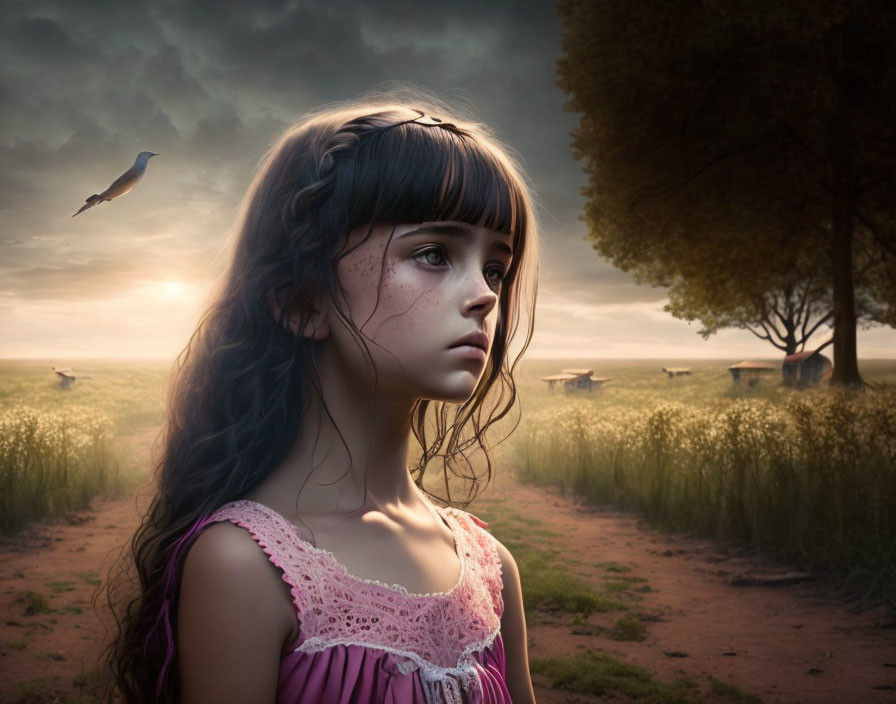 Young girl with braided hair in field at sunset with trees and flying birds