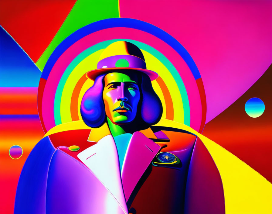 Colorful digital art featuring stylized figure in hat with abstract shapes.