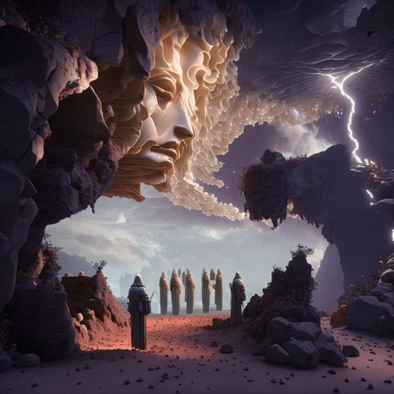 Surreal cave with face-like rocks, floating islands, robed figures, luminous horizon