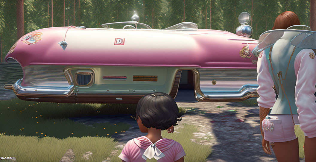 Pink futuristic car with chrome details parked in forest clearing with two people, tall pine trees.