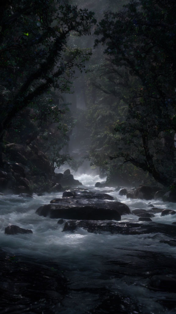 Misty stream in dense forest with sunlight and rushing water