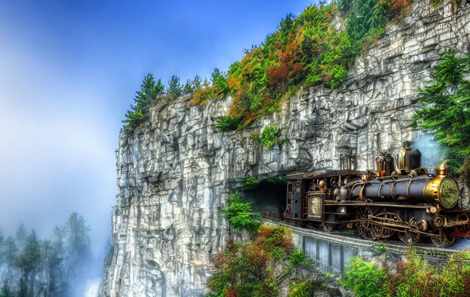 Vintage steam locomotive emerges from tunnel on cliffside with lush greenery and misty atmosphere