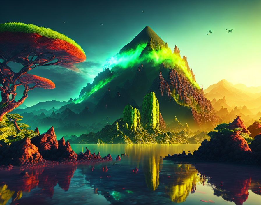 Fantasy landscape with mountain, lake reflection, green auroras, exotic trees at sunset or sunrise