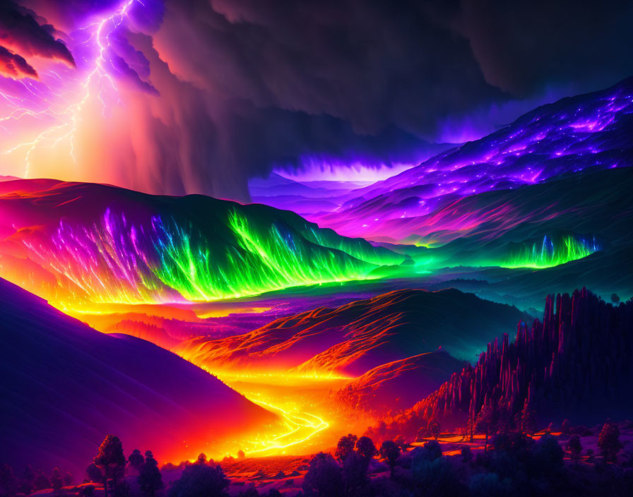 Digitally Enhanced Landscape with Lightning Strike and Neon-Lit Hills