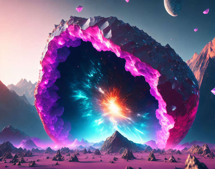 Colorful cosmic event in floating ring over mountain landscape at twilight