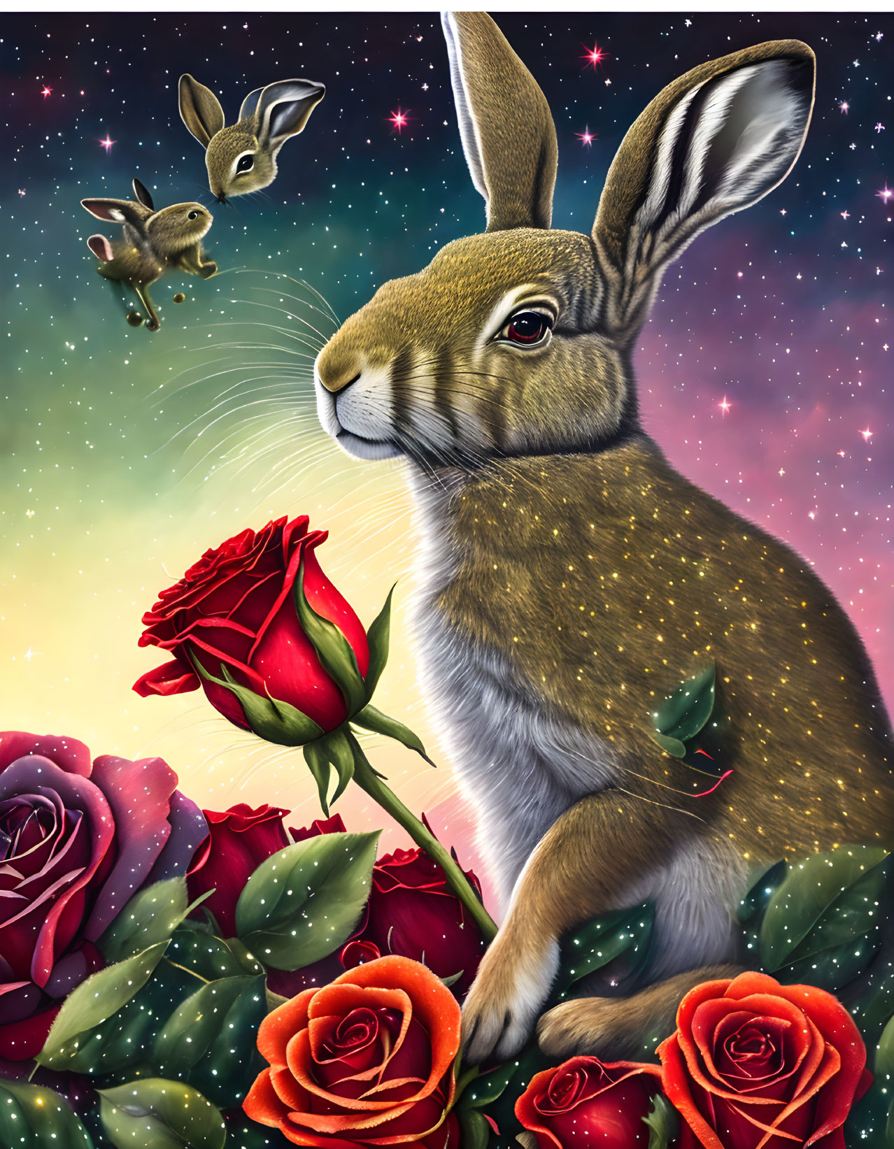 Large rabbit among red roses with starry backdrop and floating rabbit.