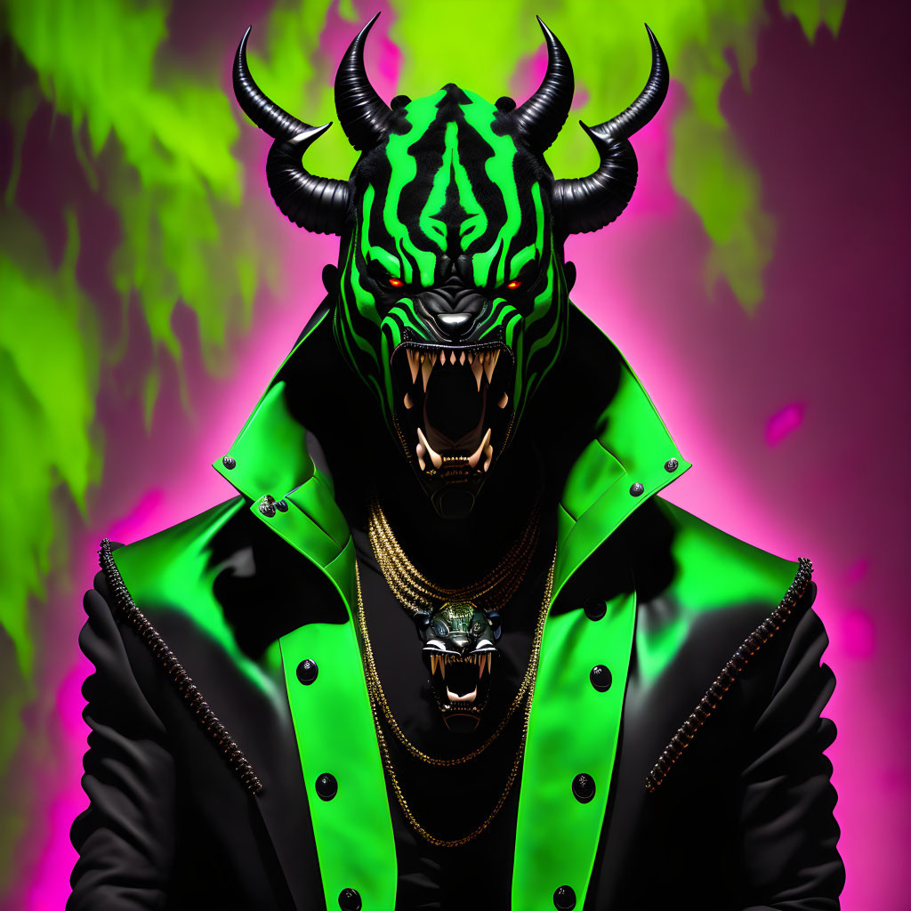 Glowing green tiger-headed figure in black jacket on pink background