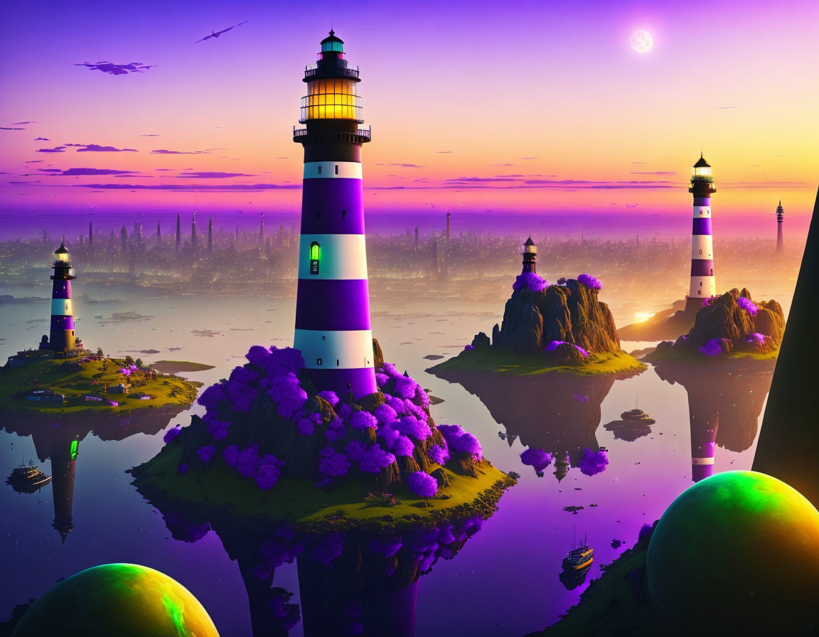 Fantasy landscape with multiple lighthouses, purple flora, twilight sky, and city silhouettes