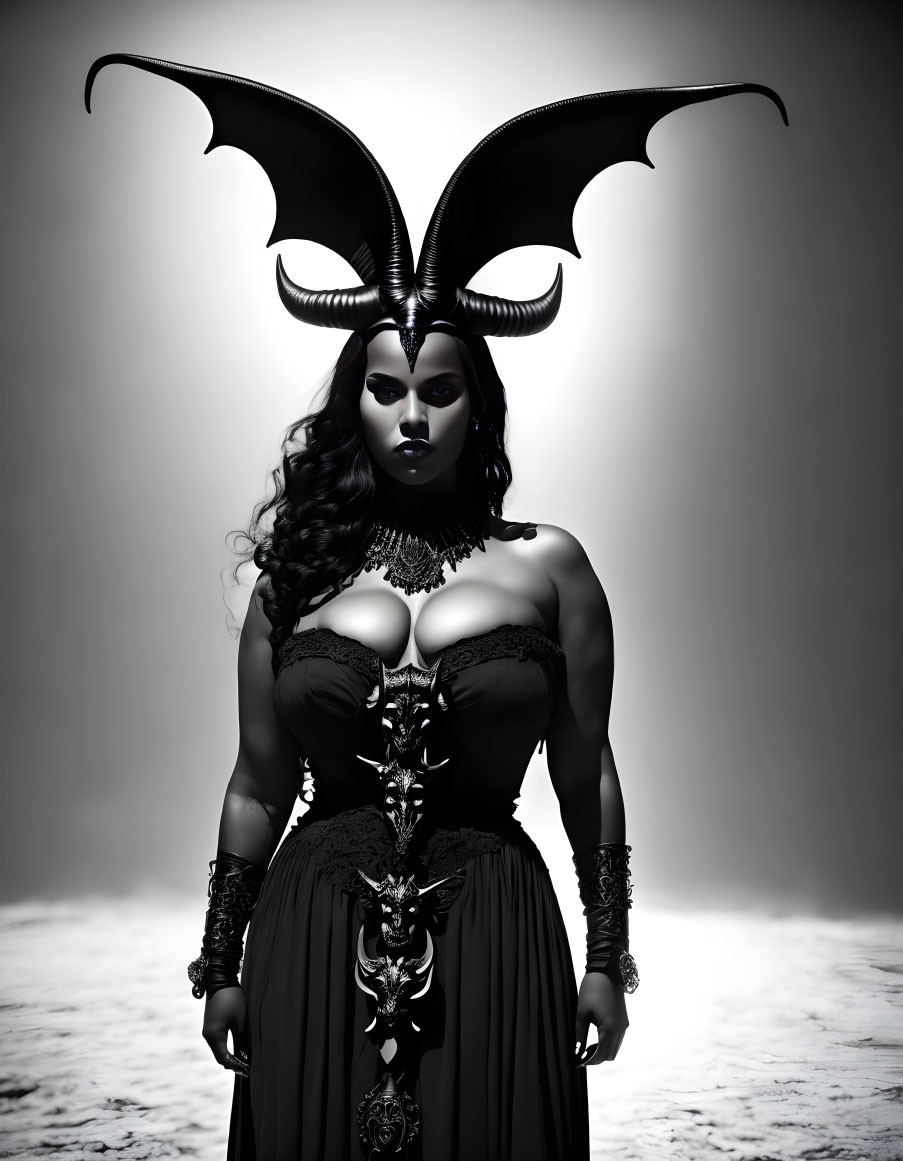 Monochrome artistic portrait of woman in dark fantasy costume