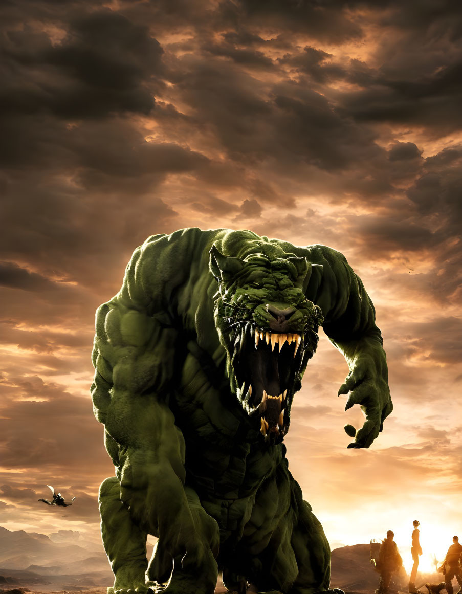 Green monster with sharp teeth roaring in sunset-lit landscape.